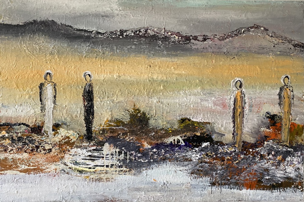 Brunt maleri “Fortællinger ved vandet” 90x135 cm