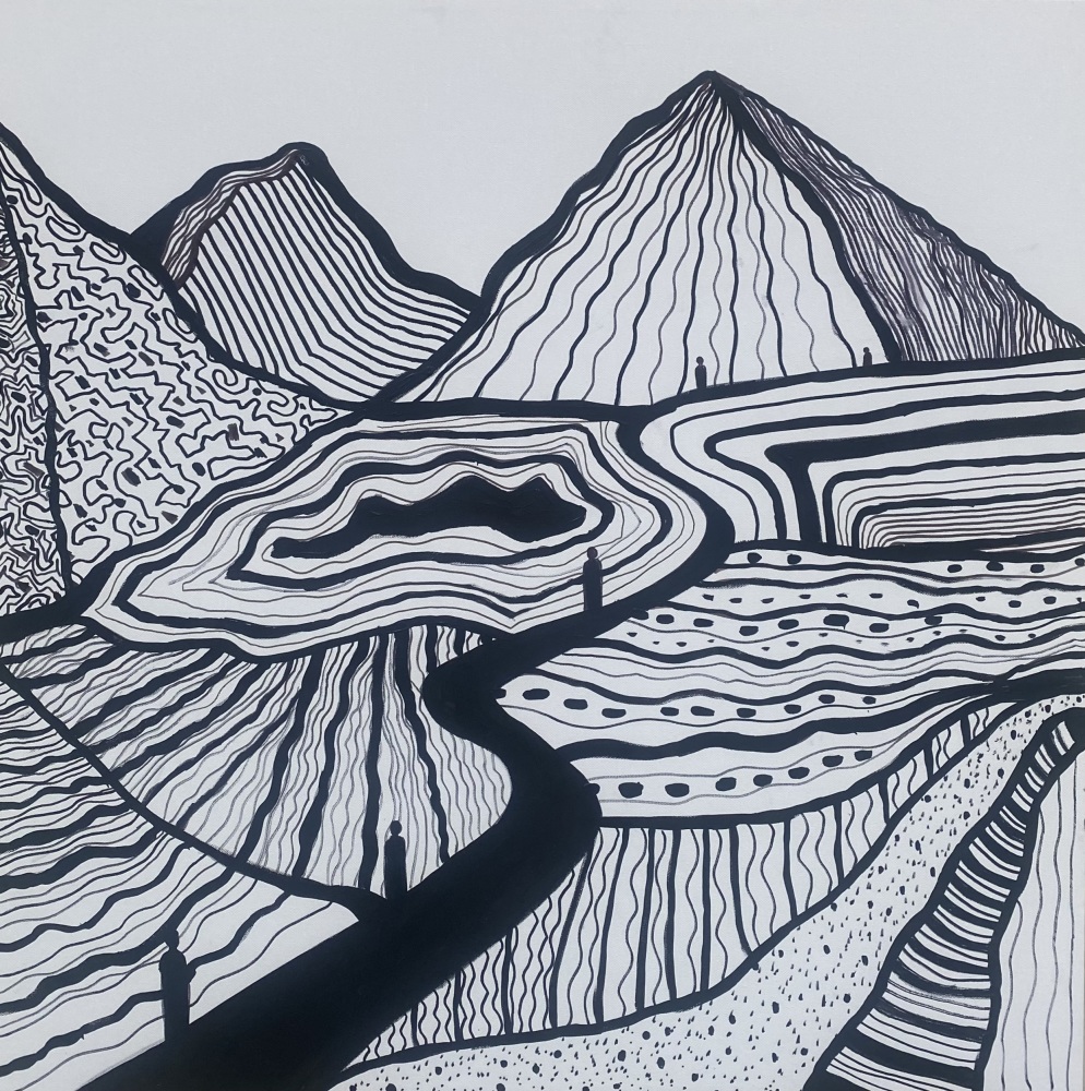 A. Black and white “Søen ved bjergene” 80x80 cm