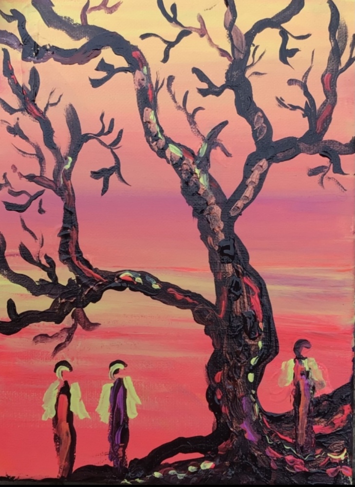 Træ maleri “Kærlighed ved træet” 18x24 cm