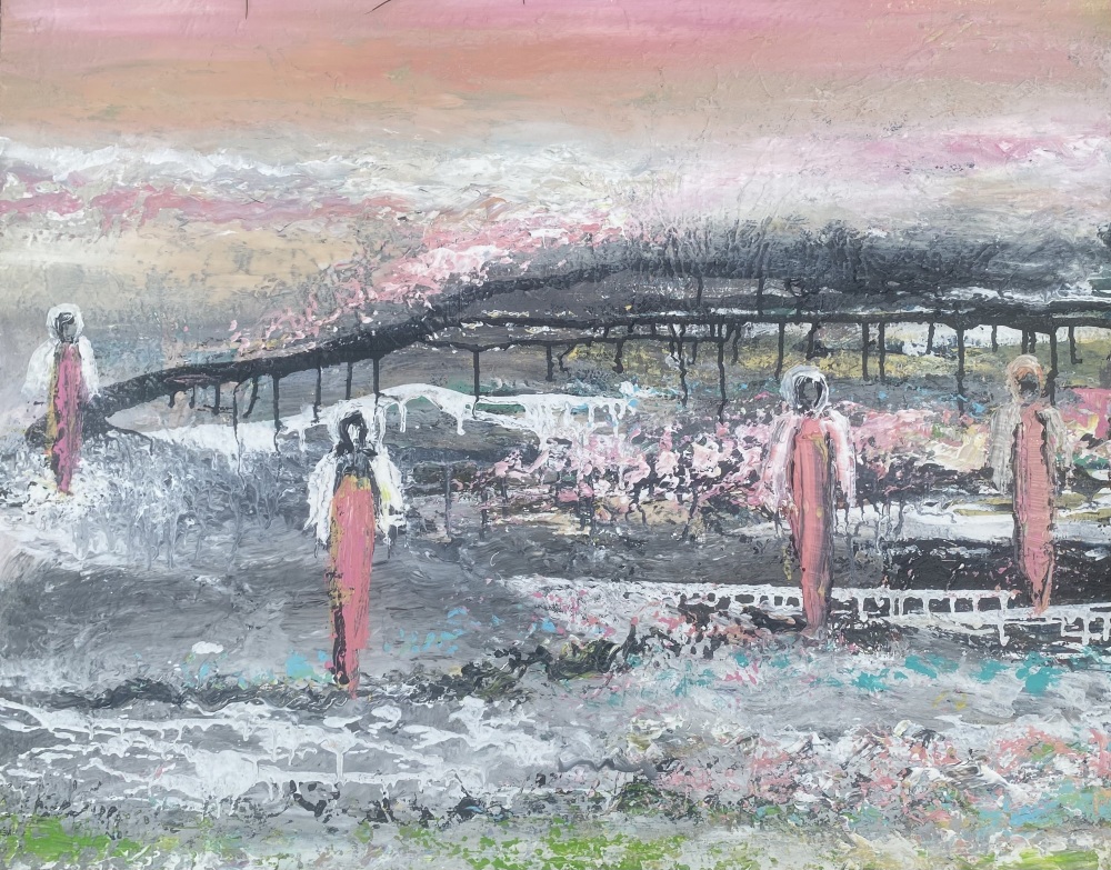 Pink maleri “Ved havet med godt humør” 80x100 cm