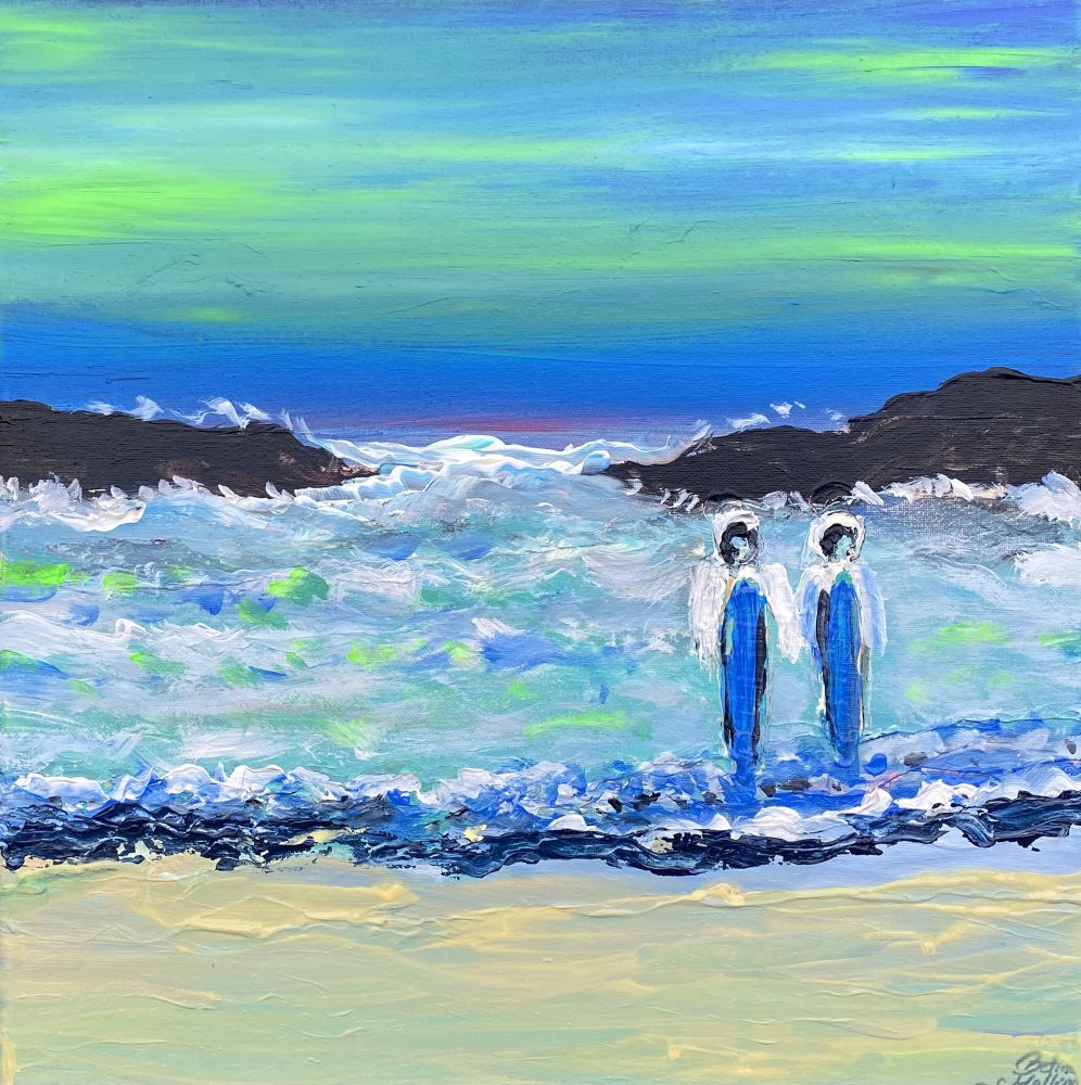 Blåt maleri “ “Strand og nordlys” 40x40 cm