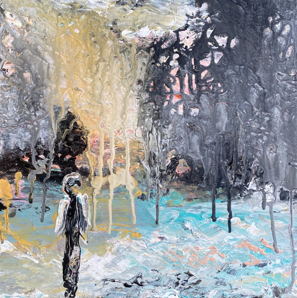 Blåt maleri  “Love rainy days” 40x40 cm