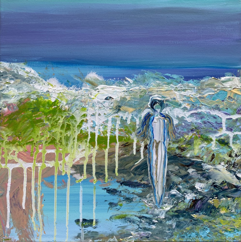 Blåt maleri “Vandet sydpå” 40x40 cm