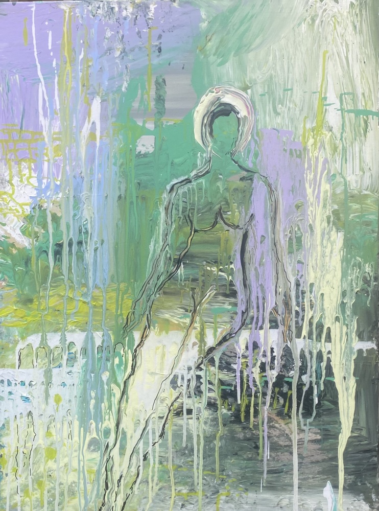 Grønt maleri “The sitting lady” 60x80 cm