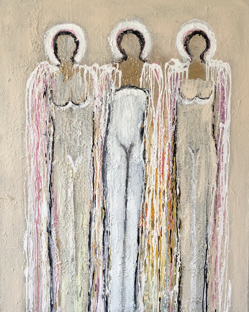 Hvidt maleri “3 himmelske kvinder” 120x150 cm