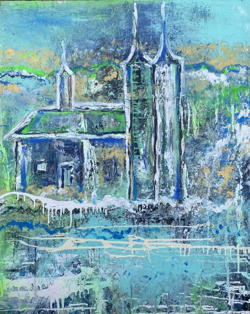 Blåt  maleri “Roskilde in pastel”  80x100 cm